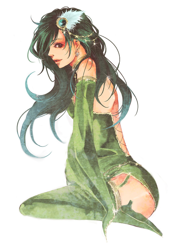 ruriha1983, rydia (adult) (ff4), rydia (ff4), final fantasy, final fantasy iv, bad id, bad pixiv id, 1990s (style), 1girl, aged up, ass, bare shoulders, boots, detached sleeves, earrings, female focus, full body, green boots, green eyes, green hair, hair ornament, jewelry, kneeling, leotard, long hair, matching hair/eyes, retro artstyle, simple background, solo, thigh boots, thighhighs