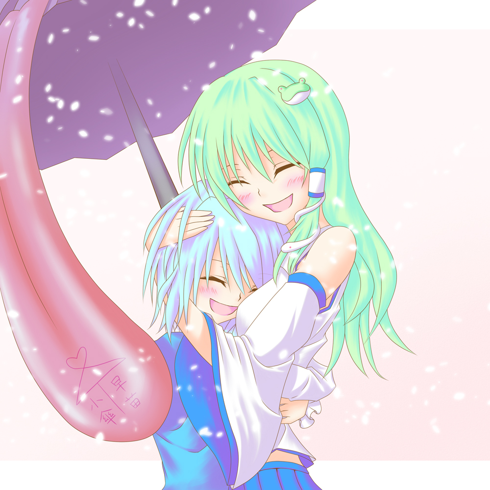 kamumiya, kochiya sanae, tatara kogasa, touhou, translated, 2girls, ai ai gasa, blue hair, closed eyes, detached sleeves, female focus, frog hair ornament, green hair, hair ornament, hug, karakasa obake, multiple girls, oil-paper umbrella, open mouth, shared umbrella, smile, snake hair ornament, tongue, umbrella, yuri