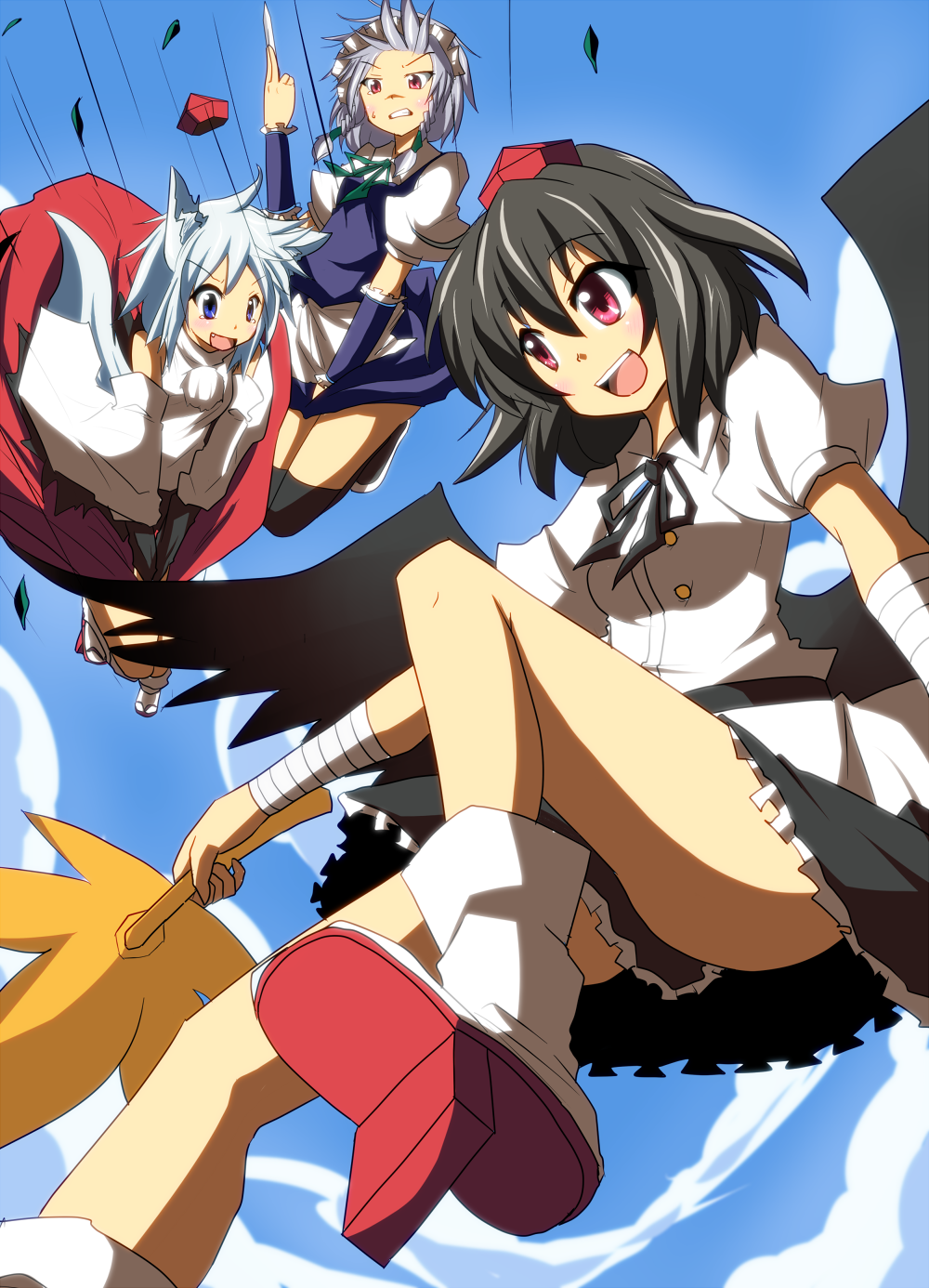 suna (sunaipu), sunaipu, inubashiri momiji, izayoi sakuya, shameimaru aya, touhou, highres, 3girls, animal ears, black wings, clothes lift, day, female focus, flying, geta, hat, knife, multiple girls, skirt, skirt lift, sky, smile, tears, tengu-geta, thighhighs, tokin hat, wings, wolf ears