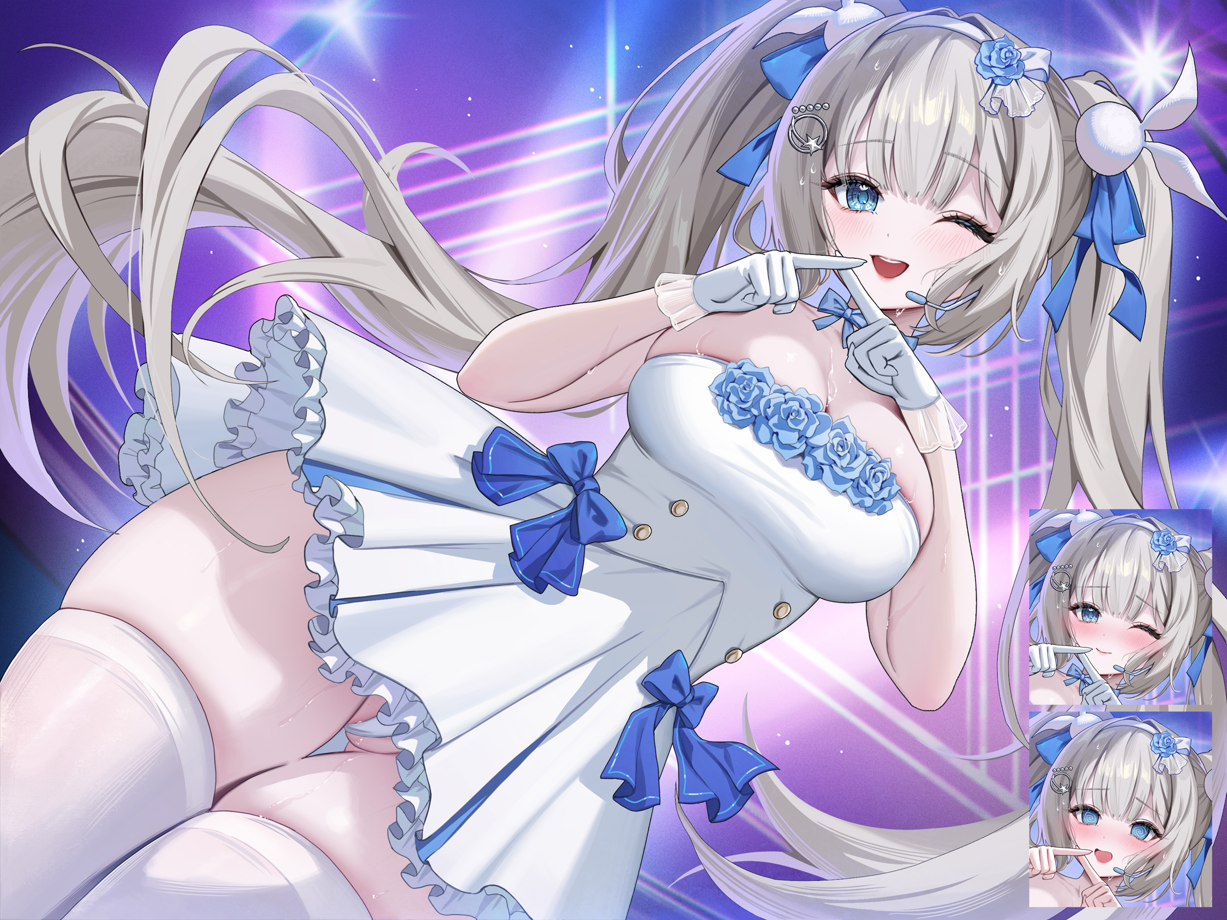 lichiko, indie virtual youtuber, highres, 1girl, blue bow, blue eyes, blue flower, blue ribbon, blue rose, bow, breasts, cleavage, dress, fateful moon, flower, gloves, grey hair, hair ribbon, idol, large breasts, long hair, looking at viewer, multiple expressions, one eye closed, open mouth, panties, ribbon, rose, skindentation, solo, spotlight, teeth, thick thighs, thighhighs, thighs, twintails, underwear, upper teeth only, very long hair, virtual youtuber, white dress, white gloves, white panties, white thighhighs