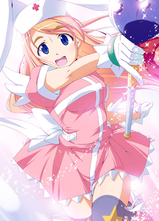 natsumi akira, kotobuki tsumugi, nakahara komugi, k-on!, nurse witch komugi-chan, 1girl, animal ears, blonde hair, blue eyes, cosplay, female focus, hat, nakahara komugi (cosplay), nurse, nurse cap, panties, parody, print thighhighs, purple thighhighs, rabbit ears, solo, thighhighs, underwear, wand, wings