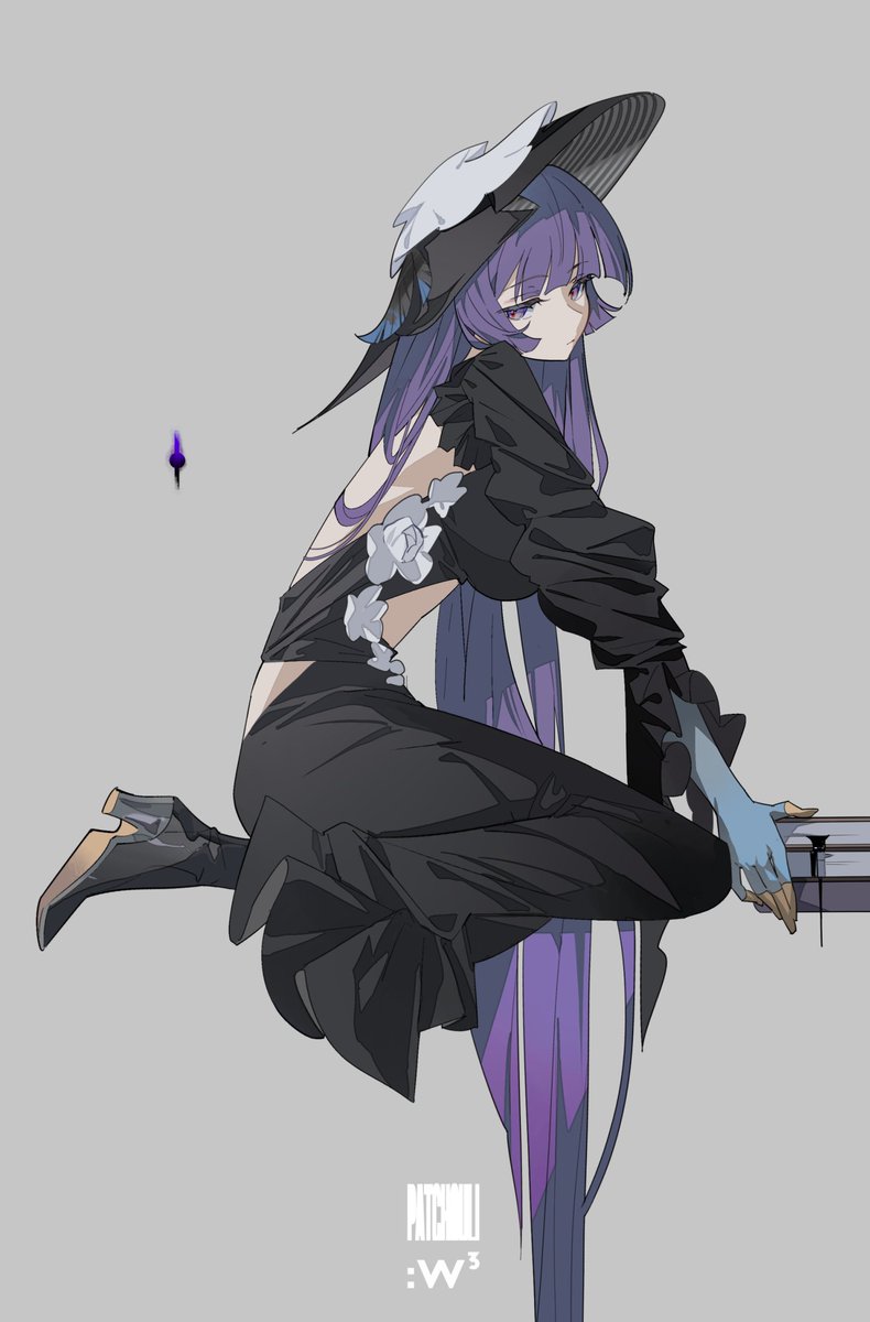 reeh (yukuri130), patchouli knowledge, touhou, commentary request, highres, 1girl, alternate costume, back cutout, black boots, black dress, black hat, blue gloves, blunt bangs, book, boots, breasts, character name, clothing cutout, dress, expressionless, flower, frills, from side, full body, gloves, grey background, hat, holding, holding book, large breasts, long dress, long hair, long sleeves, looking at viewer, purple eyes, purple hair, seiza, sitting, solo, stomach cutout, straight hair, very long hair, white flower