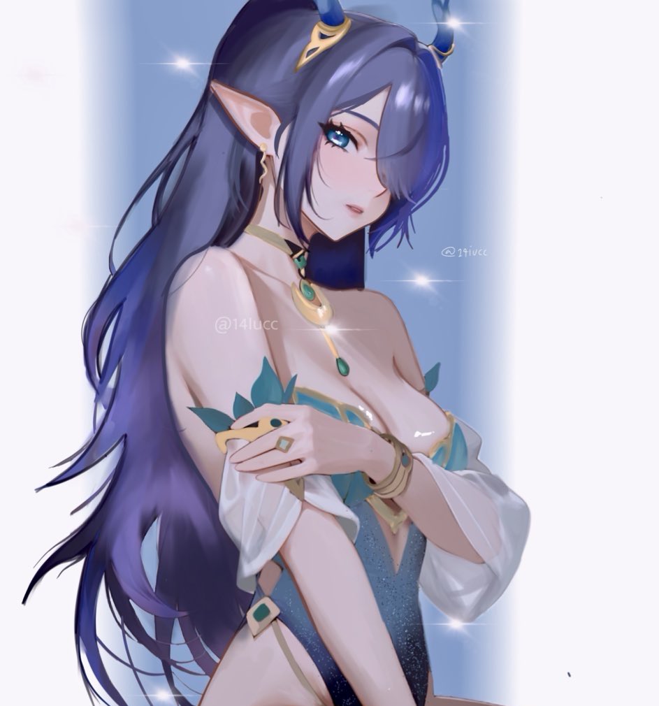 lauma (genshin impact), genshin impact, 14iucc, 1girl, antlers, aqua leotard, bare shoulders, breasts, cleavage, earrings, hair over one eye, horns, jewelry, large breasts, leotard, long hair, necklace, parted lips, pointy ears, solo, twitter username, two-tone background, very long hair