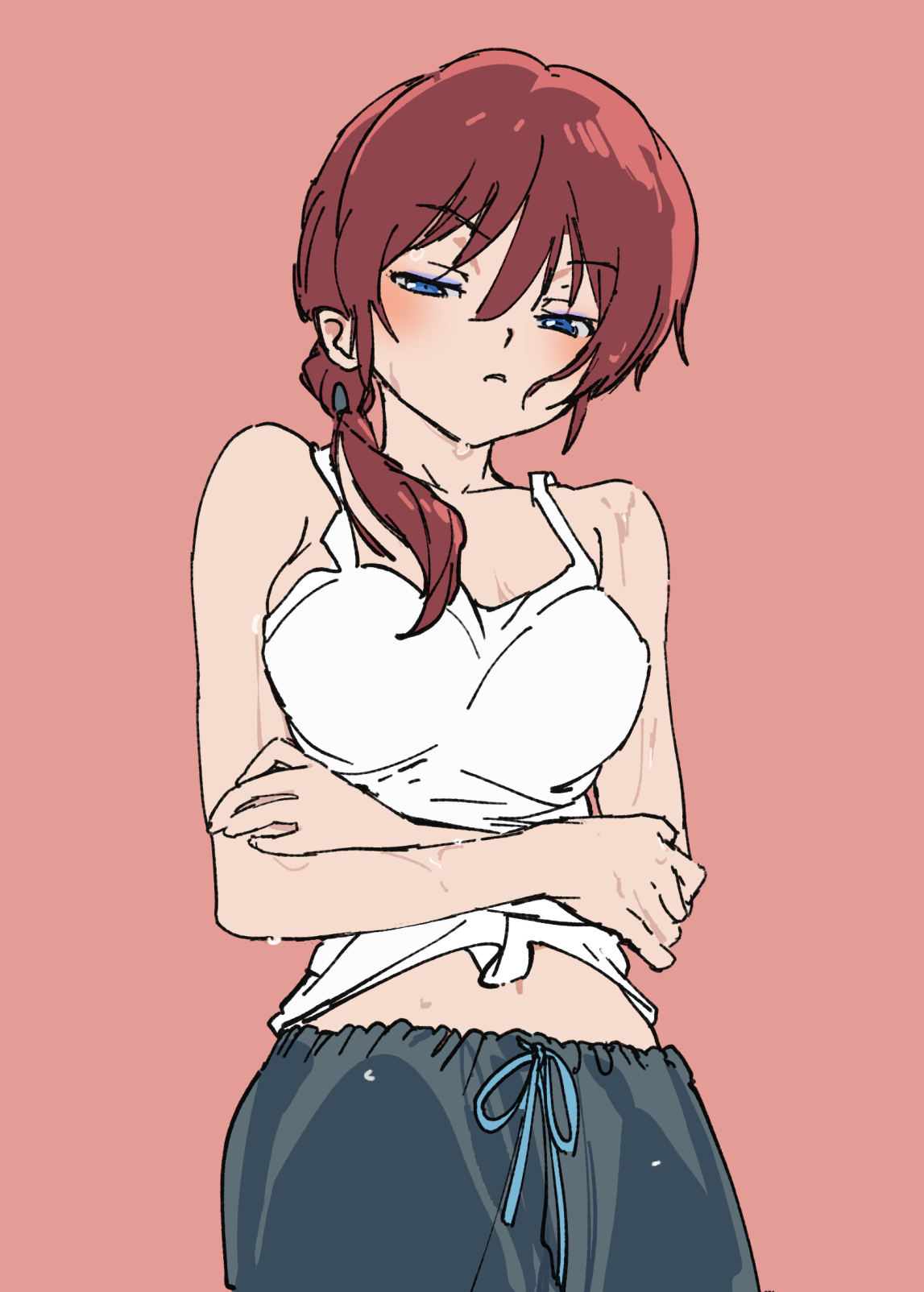 kakeami, ranma-chan, ranma 1/2, highres, 1girl, bare shoulders, blue eyes, blush, breasts, cowboy shot, crossed arms, drawstring, hair between eyes, hair over shoulder, half-closed eyes, large breasts, long hair, looking at viewer, midriff peek, parted lips, pink background, red hair, simple background, solo, tank top, wet, wet hair, white tank top