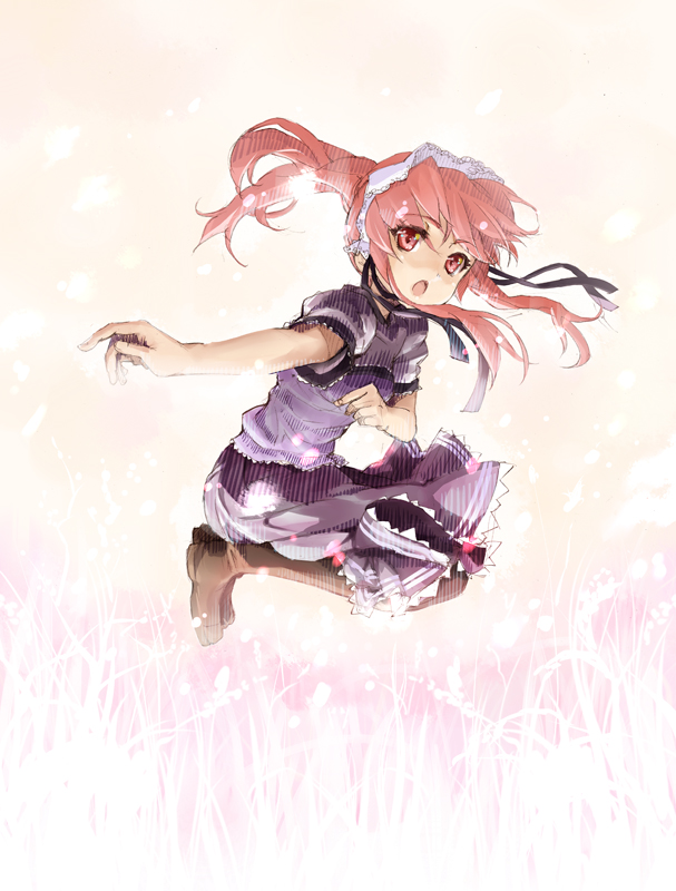 yuugen, original, bad id, bad pixiv id, :o, blush, boots, child, jumping, long hair, maid headdress, pink eyes, pink hair, skirt, solo