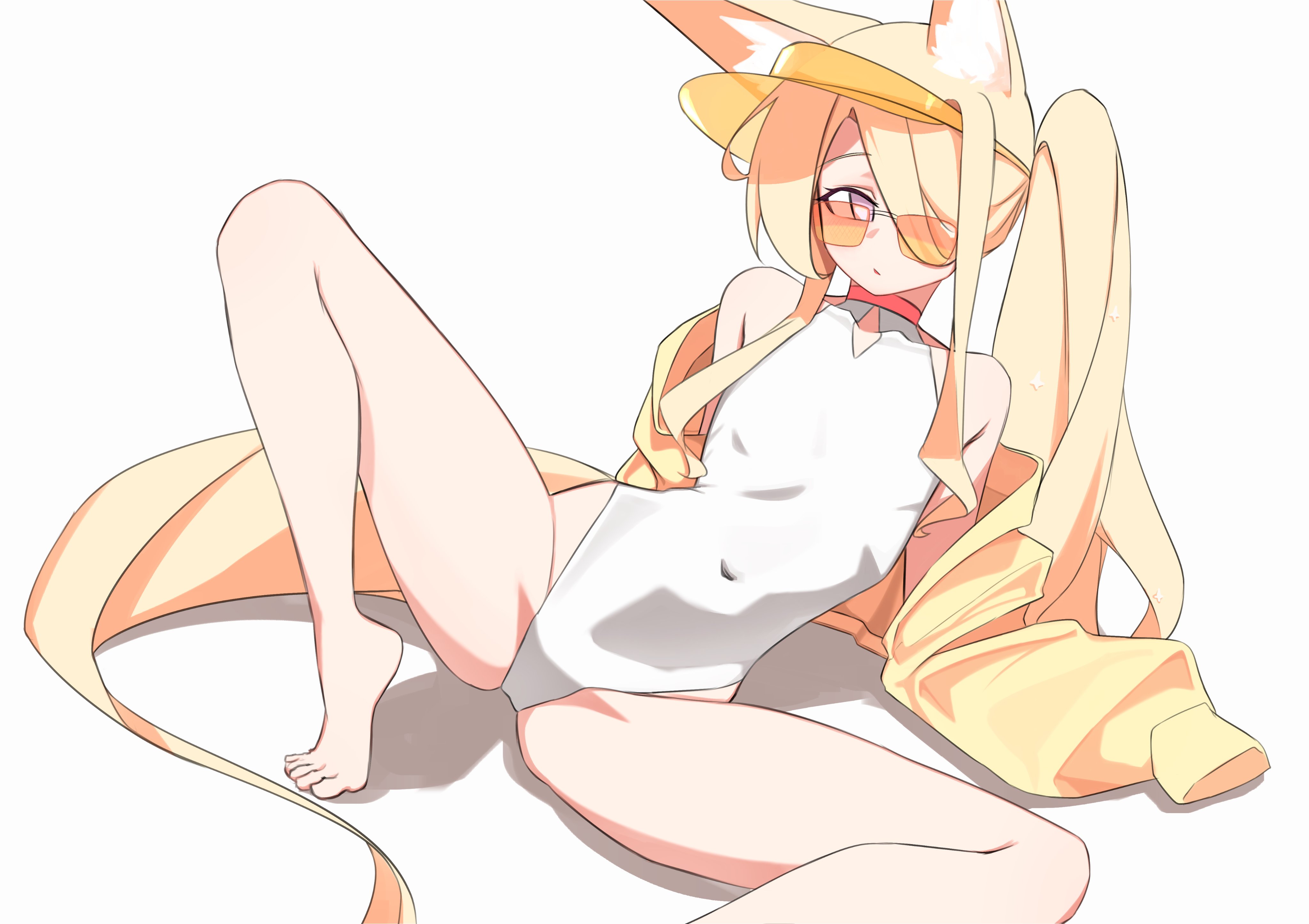 seia (blue archive), seia (swimsuit) (blue archive), blue archive, absurdres, highres, 1girl, animal ears, clothing cutout, cross halo, diamond cutout, fox ears, fox girl, halo, jacket, k dhen, official alternate hairstyle, one-piece swimsuit, orange-tinted eyewear, solo, spread legs, sunglasses, swimsuit, tinted eyewear, visor cap, white one-piece swimsuit, yellow halo, yellow jacket, yellow visor