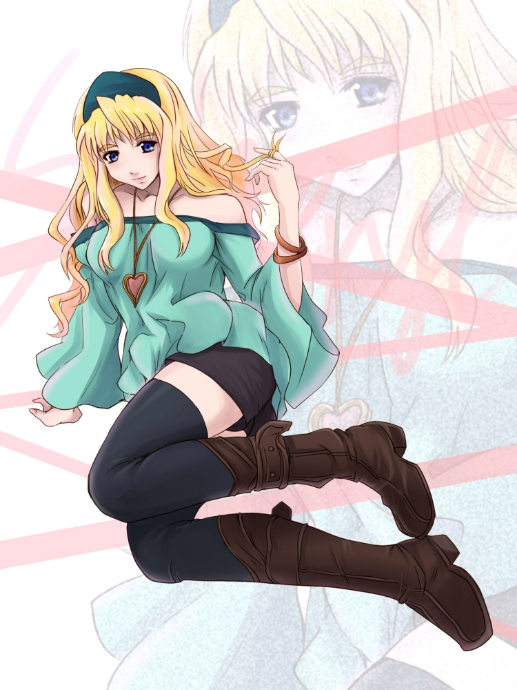 koyama (gantz0409jp), sheryl nome, macross, macross frontier, 00s, 1girl, bare shoulders, blonde hair, blue eyes, boots, female focus, long hair, sitting, smile, solo, thighhighs, zettai ryouiki