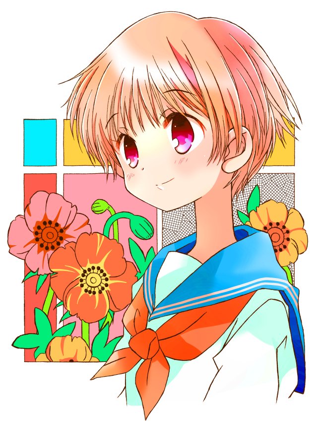 hiyopuko, original, commentary, 1girl, blue eyes, blue sailor collar, brown hair, bud, closed mouth, flower, neckerchief, pink flower, red flower, red neckerchief, sailor collar, school uniform, serafuku, shirt, short hair, smile, solo, upper body, white flower, white shirt