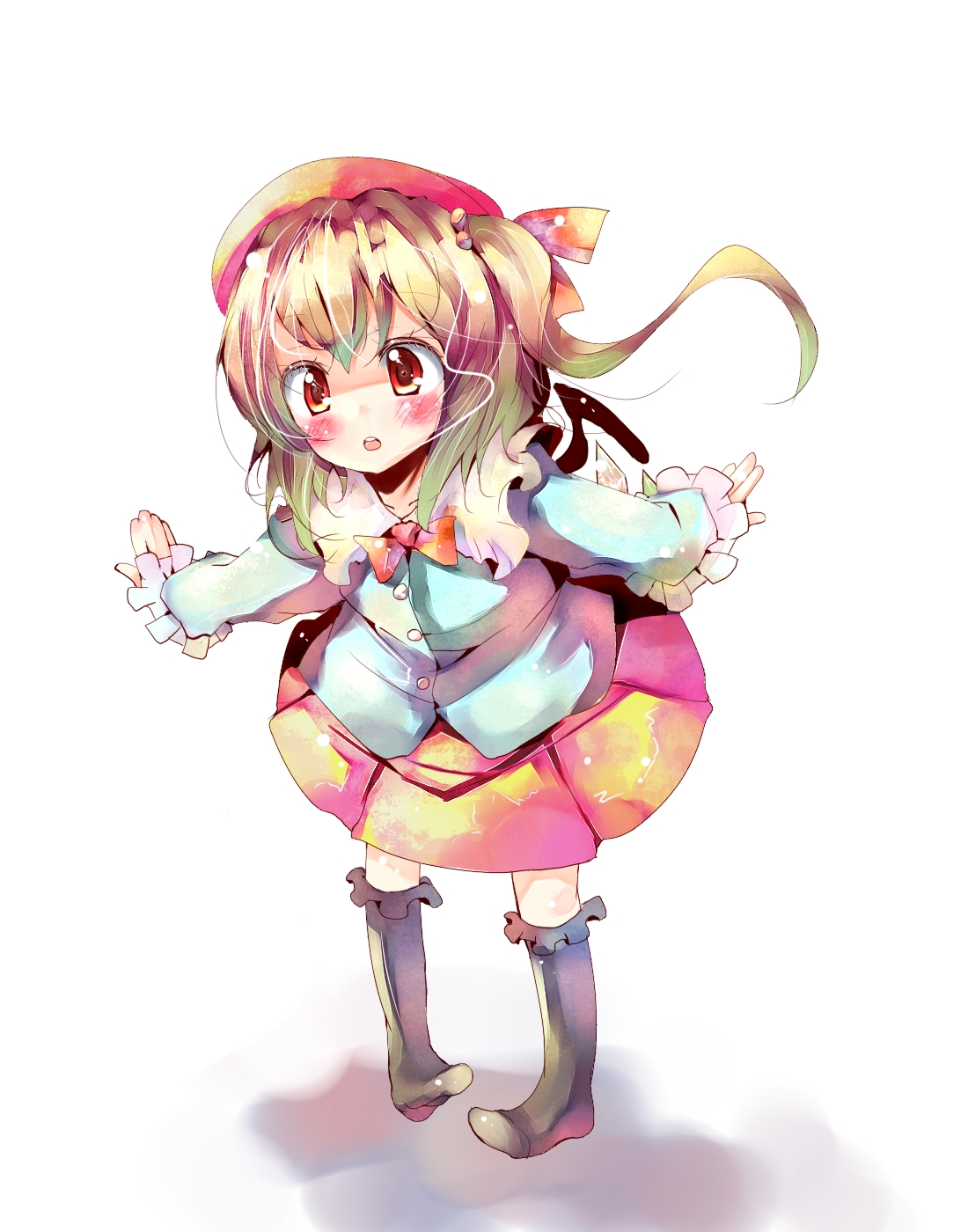 oouso, tora, tora (torayarou), flandre scarlet, touhou, highres, 1girl, bent over, blonde hair, blush, child, female focus, hat, kneehighs, red eyes, side ponytail, skirt, socks, solo