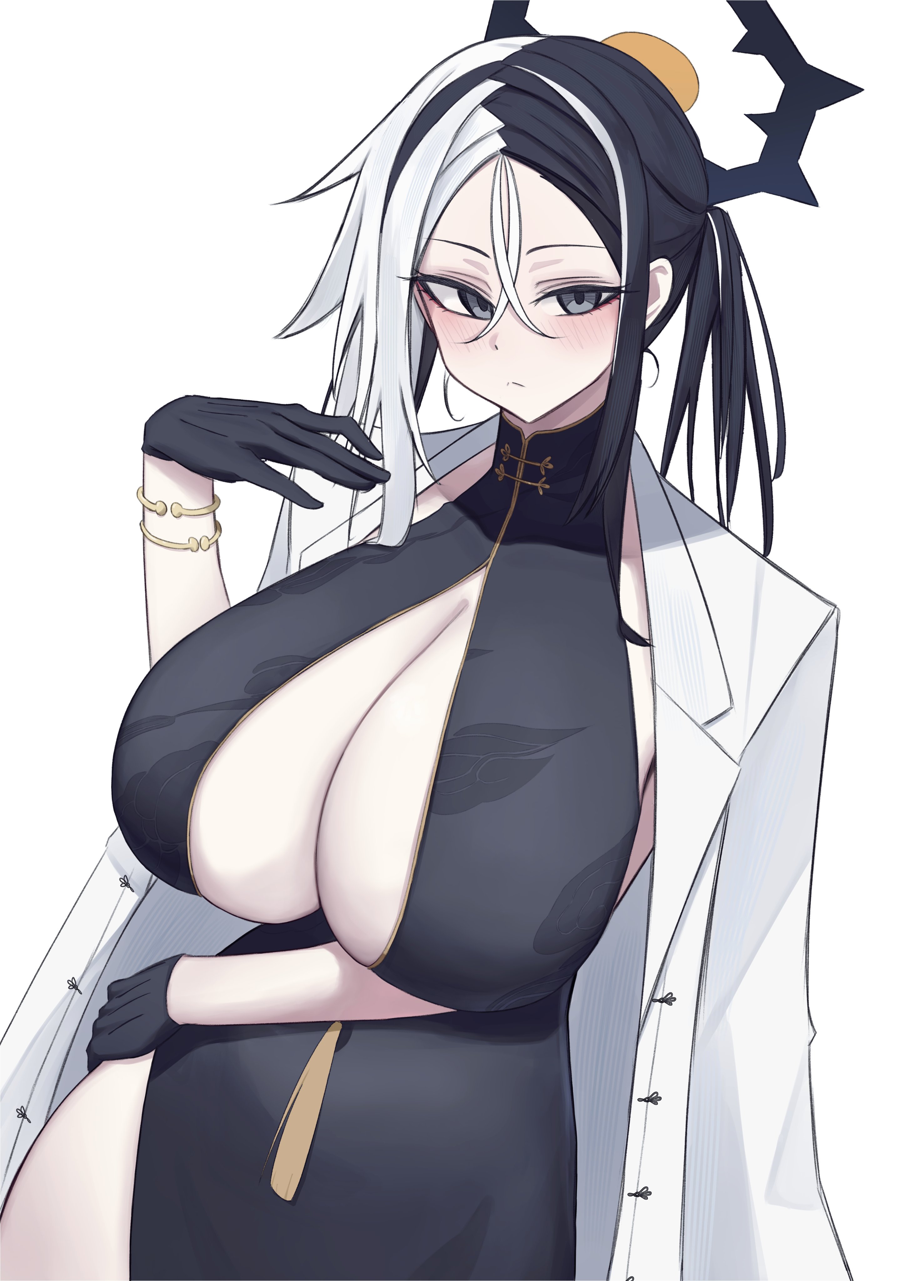 kai (blue archive), blue archive, absurdres, highres, 1girl, black dress, black gloves, black halo, china dress, chinese clothes, coat, coat on shoulders, dress, gloves, halo, k dhen, multicolored hair, simple background, solo, split-color hair, two-tone hair, white background, white coat