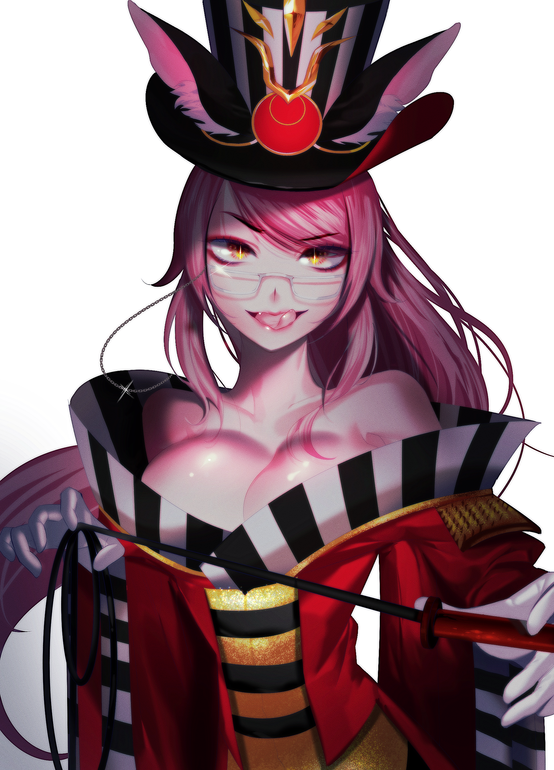 koyanskaya (fate), koyanskaya (foreigner) (second ascension) (fate), fate/grand order, fate (series), absurdres, commentary, highres, 1girl, animal ear fluff, animal ears, bare shoulders, black hat, breasts, choker, cleavage, coat, epaulettes, fox ears, fox girl, glasses, hat, holding, holding whip, large breasts, long hair, long sleeves, looking at viewer, off shoulder, pink hair, ponytail, red coat, sidelocks, smile, solo, tongue, tongue out, top hat, whip, whygarrrrrrrrrrrrri, wide sleeves, yellow eyes