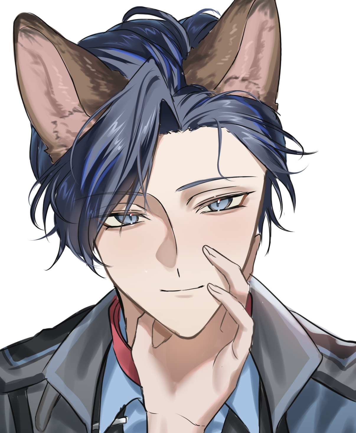 hitsuji (sheep tamura), first stage production, highres, 1boy, animal ears, blue eyes, caelen strayfe, collar, dog ears, face hold, german shepherd, light blush, light smile, police, police uniform, virtual youtuber, white background