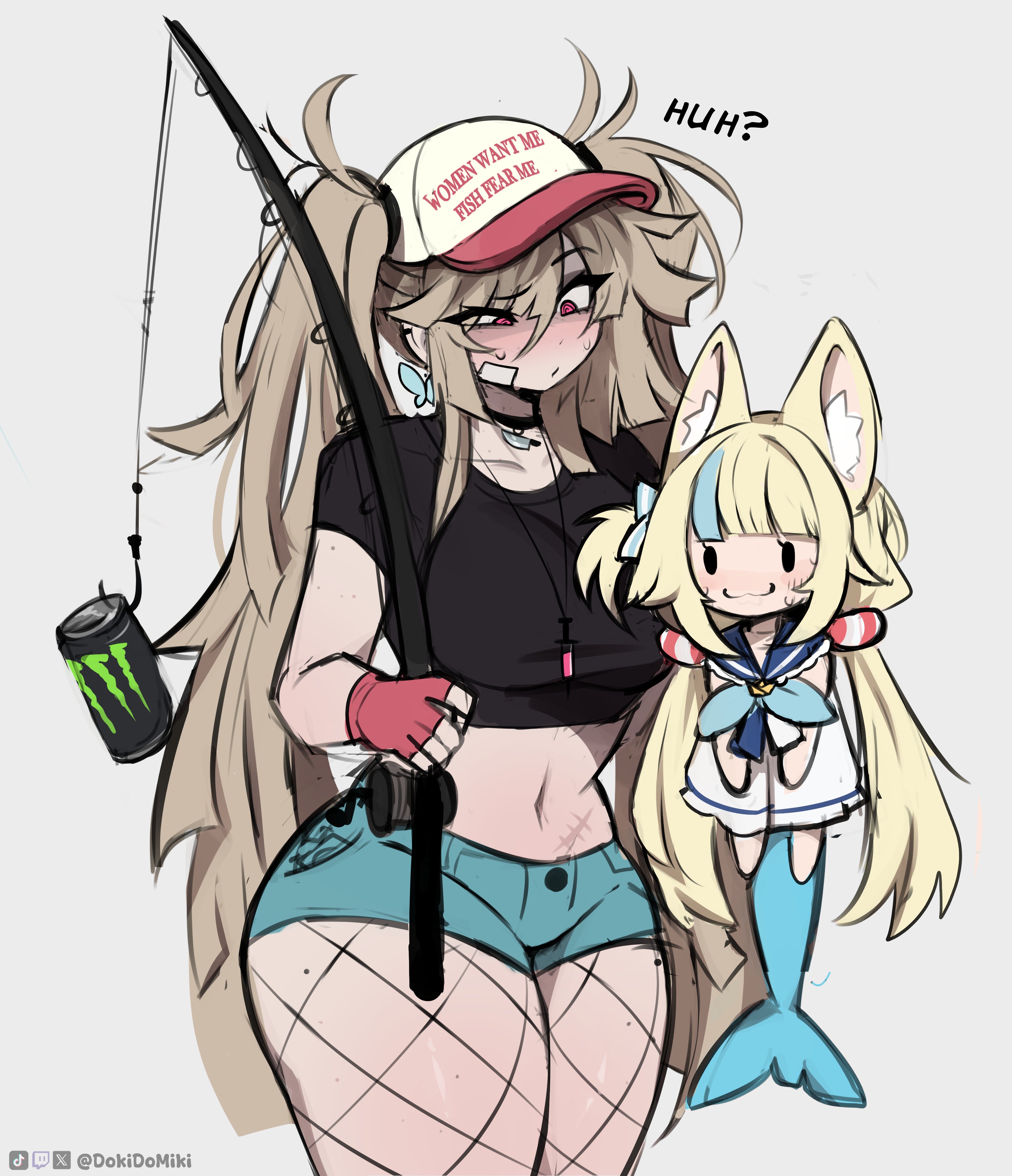dokidomiki, miki (dokidomiki), sameko saba, indie virtual youtuber, monster energy, original, absurdres, commentary, english commentary, highres, 2girls, :3, animal ear fluff, animal ears, artist name, baseball cap, black eyes, black shirt, blonde hair, blue shorts, blue streaks, blunt bangs, breasts, butterfly earrings, can, cat ears, closed mouth, cowboy shot, dress, drink can, earrings, fingerless gloves, fins, fish girl, fish tail, fishing, fishing rod, fishnet pantyhose, fishnets, frilled sailor collar, frills, gloves, hair between eyes, hat, holding, holding fishing rod, jewelry, large breasts, lifebuoy hair ornament, long hair, looking at another, low twintails, meme, messy hair, micro shorts, midriff, multicolored hair, multiple girls, one side up, pantyhose, parted bangs, pink eyes, pink gloves, pink hat, sailor collar, shirt, shorts, simple background, solo, streaked hair, sweat, tail, thick thighs, thighs, tiktok username, twintails, twitch username, twitter username, very long hair, virtual youtuber, white background, white dress, women want me fish fear me (meme)