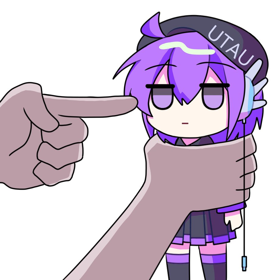 utane uta, utau, 1girl, 1other, ahoge, audio cable, beret, black skirt, black thighhighs, expressionless, hat, nnr7zmn0qa49273, pointing, purple eyes, purple hair, robot ears, short hair, skirt, thighhighs