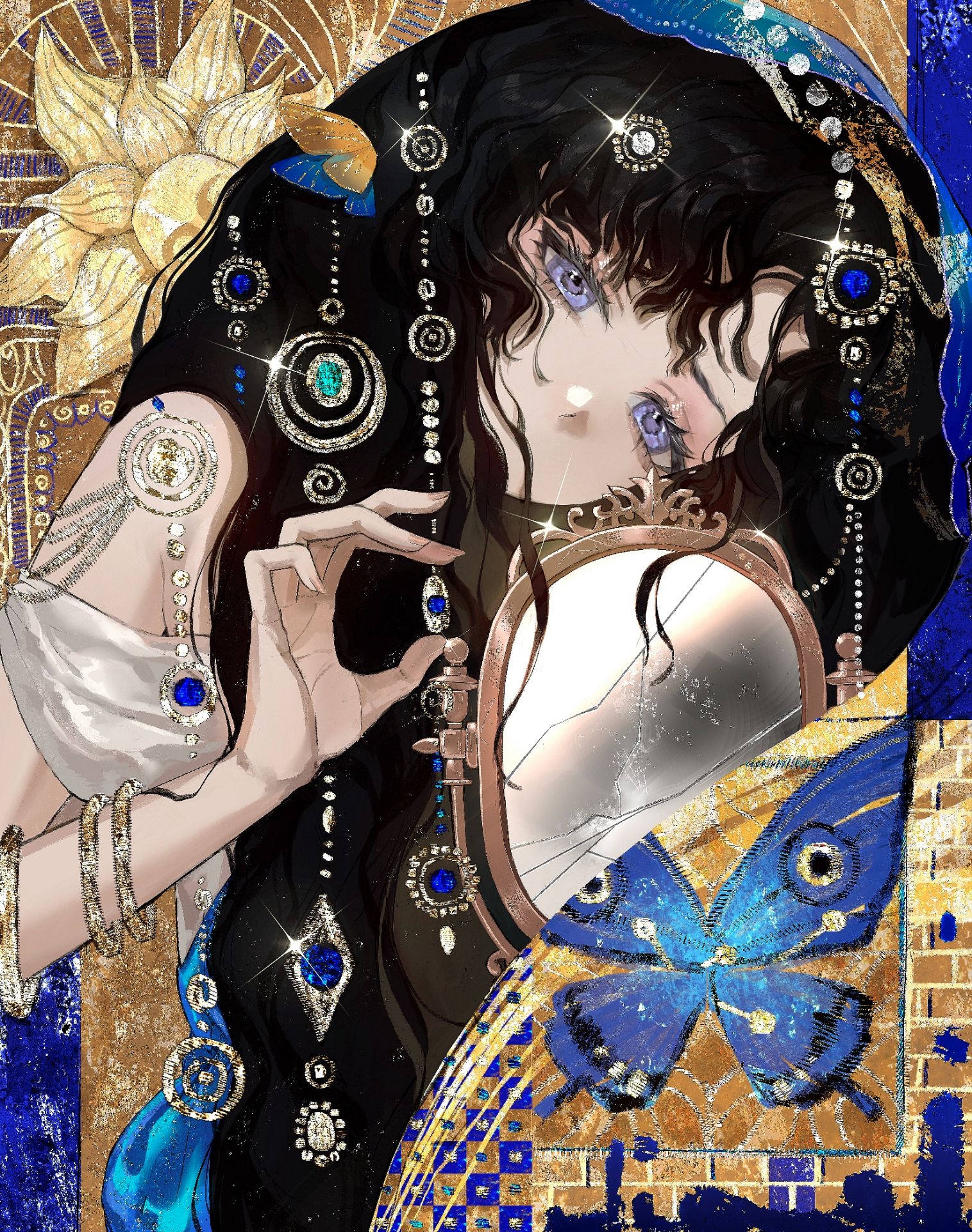 sangxin-bingkuang chang ergouzi, isolde (reverse:1999), reverse:1999, highres, 1girl, bare shoulders, black hair, blue butterfly, blue veil, broken mirror, bug, butterfly, covered mouth, fine art parody, glint, gustav klimt (style), hair ornament, hair over mouth, hand up, head tilt, insect, long hair, looking at viewer, mirror, official alternate costume, parody, purple eyes, solo, upper body, veil, yellow background