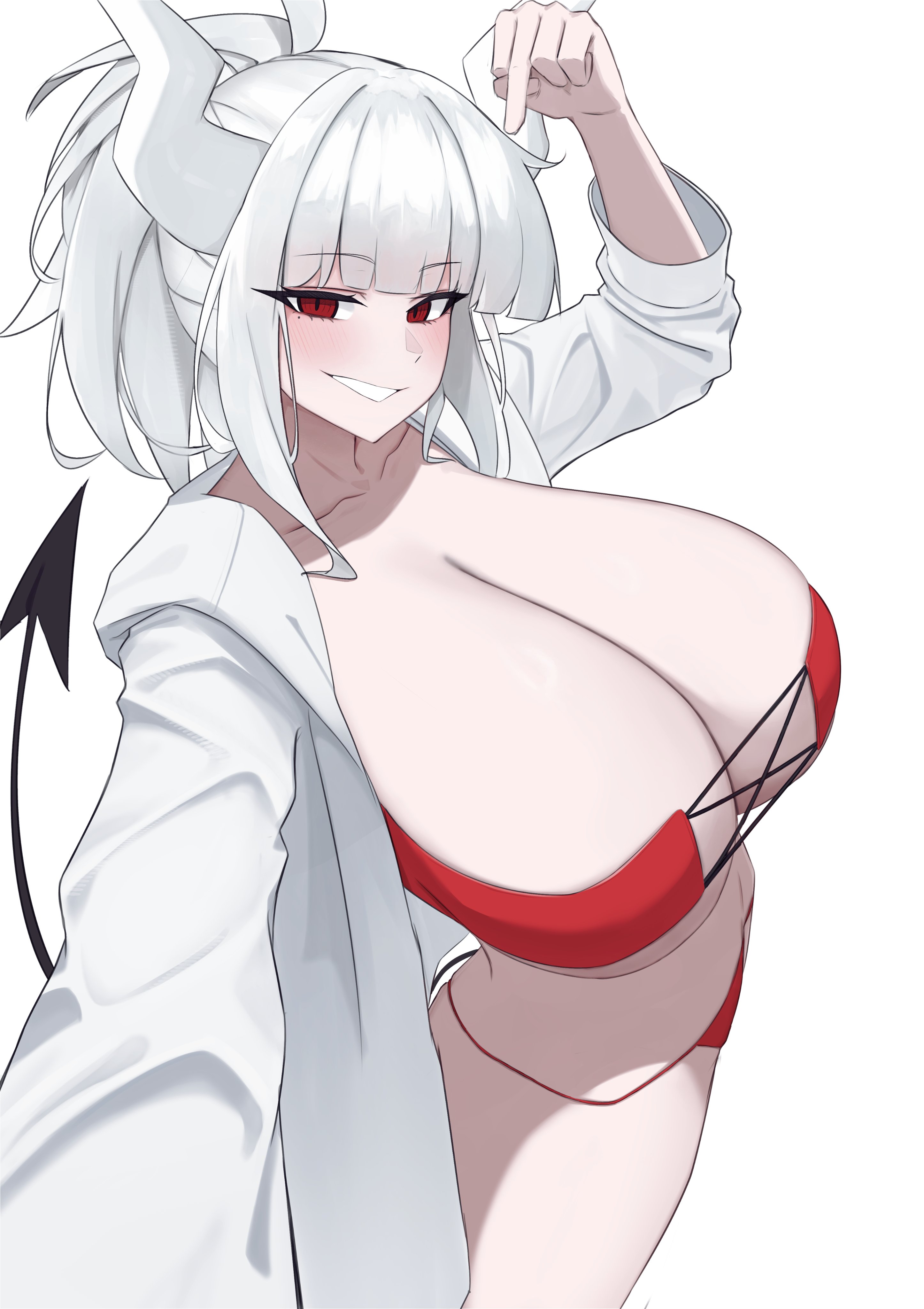 lucifer (helltaker), helltaker, absurdres, highres, 1girl, bikini, black tail, cross-laced bikini, cross-laced clothes, cross-laced top, demon girl, demon horns, demon tail, eyepatch bikini, horns, k dhen, red bikini, red eyes, simple background, smile, solo, swimsuit, tail, white background, white hair, white horns
