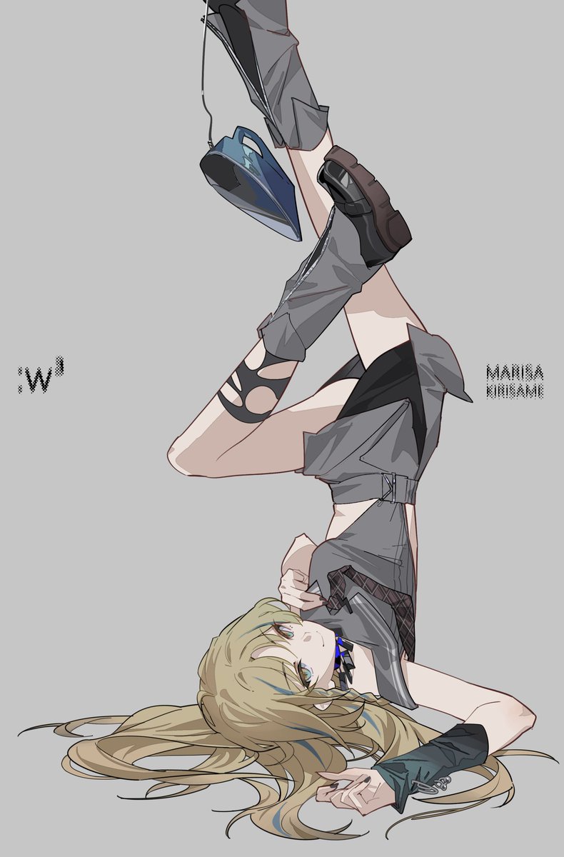 reeh (yukuri130), kirisame marisa, touhou, commentary request, highres, 1girl, alternate costume, arm warmers, black boots, black nails, black skirt, black socks, blonde hair, blue eyes, blue hair, boots, braid, braided sidelock, character name, clothes iron, clothing cutout, collared shirt, foot out of frame, grey background, grey shirt, grey skirt, layered skirt, leg warmers, legs up, looking at viewer, lying, multicolored hair, necktie, on back, pencil skirt, shirt, side cutout, skirt, sleeveless, sleeveless shirt, smile, socks, solo, streaked hair, torn clothes, torn socks