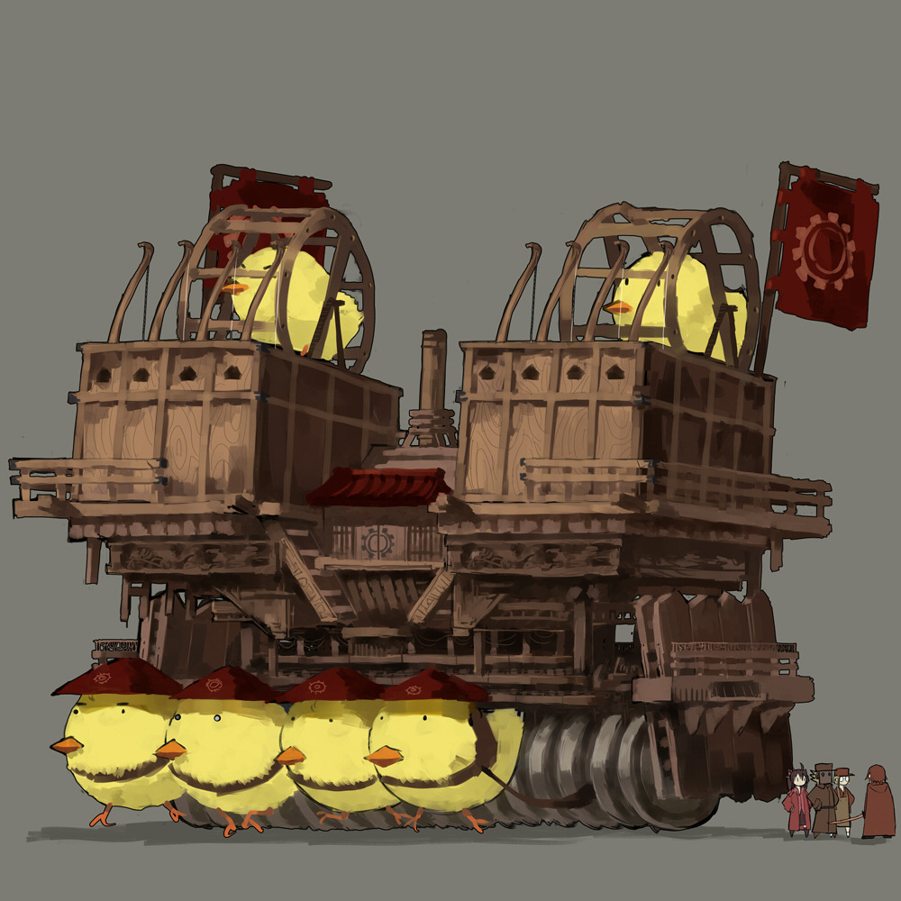 gregorius yamada, watanabe (pixiv fantasia), wayder (pixiv fantasia), yata (pixiv fantasia), original, pixiv fantasia, pixiv fantasia 3, 2boys, 2girls, akatsuhara empire, animal, baby animal, bird, chick, chicken, fantasy, flag, hat, multiple boys, multiple girls, oversized animal