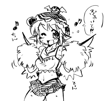 nikusho, omorashi myschi, mystia lorelei, touhou, lowres, translated, 1girl, cheerleader, contemporary, female focus, greyscale, hat, midriff, miniskirt, monochrome, musical note, navel, one eye closed, pom pom (cheerleading), skirt, smile, solo, sweat, wings, wink
