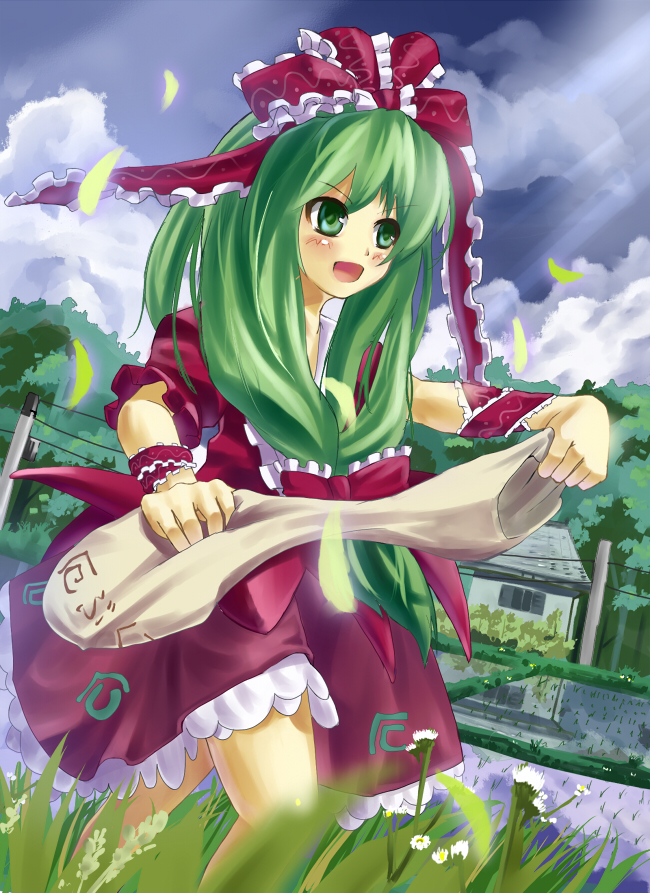 hidebo, kagiyama hina, touhou, bad id, bad pixiv id, 1girl, female focus, front ponytail, green eyes, green hair, hair ribbon, long hair, matching hair/eyes, ribbon, solo