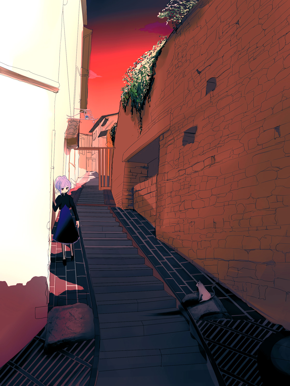 matsumoto ryou, yin (darker than black), darker than black, highres, 00s, 1girl, alley, cat, dress, female focus, outdoors, ponytail, scenery, sky, solo, walking