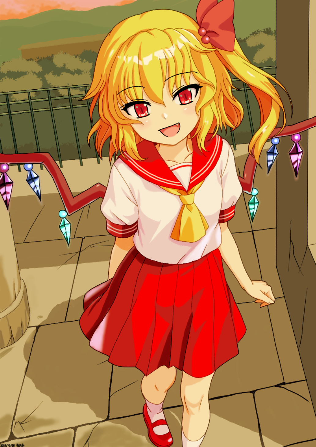 mist9801km, flandre scarlet, touhou, highres, 1girl, alternate costume, ascot, blonde hair, fang, hair ribbon, looking at viewer, no headwear, one side up, open mouth, red eyes, red skirt, ribbon, school uniform, serafuku, shoes, short hair, short sleeves, side ponytail, skirt, smile, solo, wings, yellow ascot