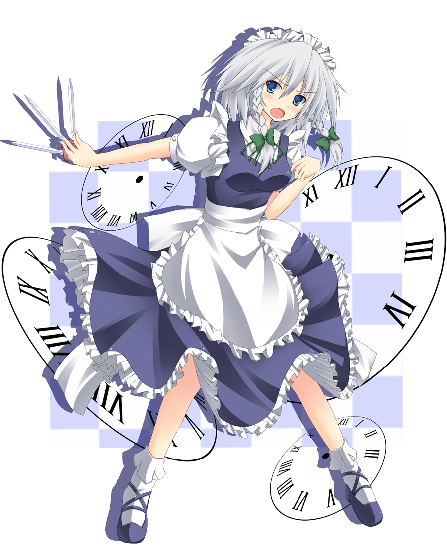 yuurakudou kurono, izayoi sakuya, touhou, silver hair, bad id, bad pixiv id, 1girl, blue eyes, braid, breasts, clock, female focus, full body, knife, maid, open mouth, solo, twin braids, white background
