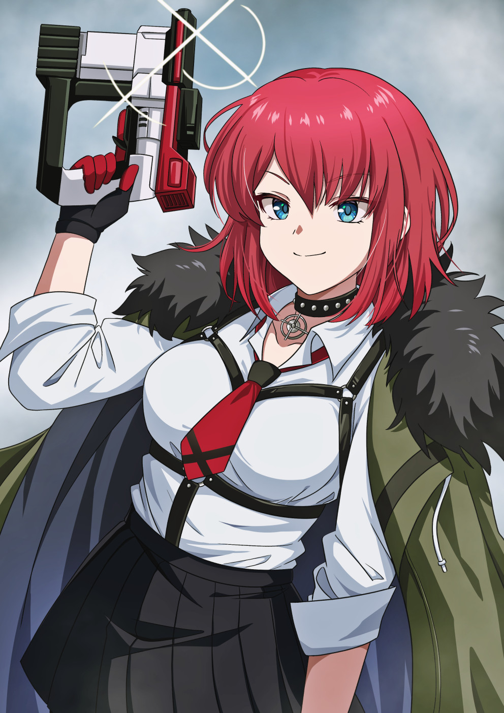 murasaki tsutsuji, muv-luv, muv-luv girls garden, character request, commentary request, highres, 1girl, black gloves, black skirt, blue eyes, closed mouth, coat, fur coat, gloves, green coat, grey background, holding, holding weapon, necktie, red hair, red necktie, shirt, short hair, skirt, weapon, white shirt