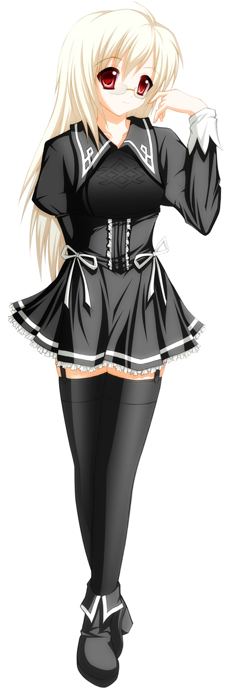 player character (mabinogi), mabinogi, highres, long image, tall image, black thighhighs, blonde hair, glasses, goth fashion, long hair, red eyes, ribbon, skirt, solo, thighhighs, white hair