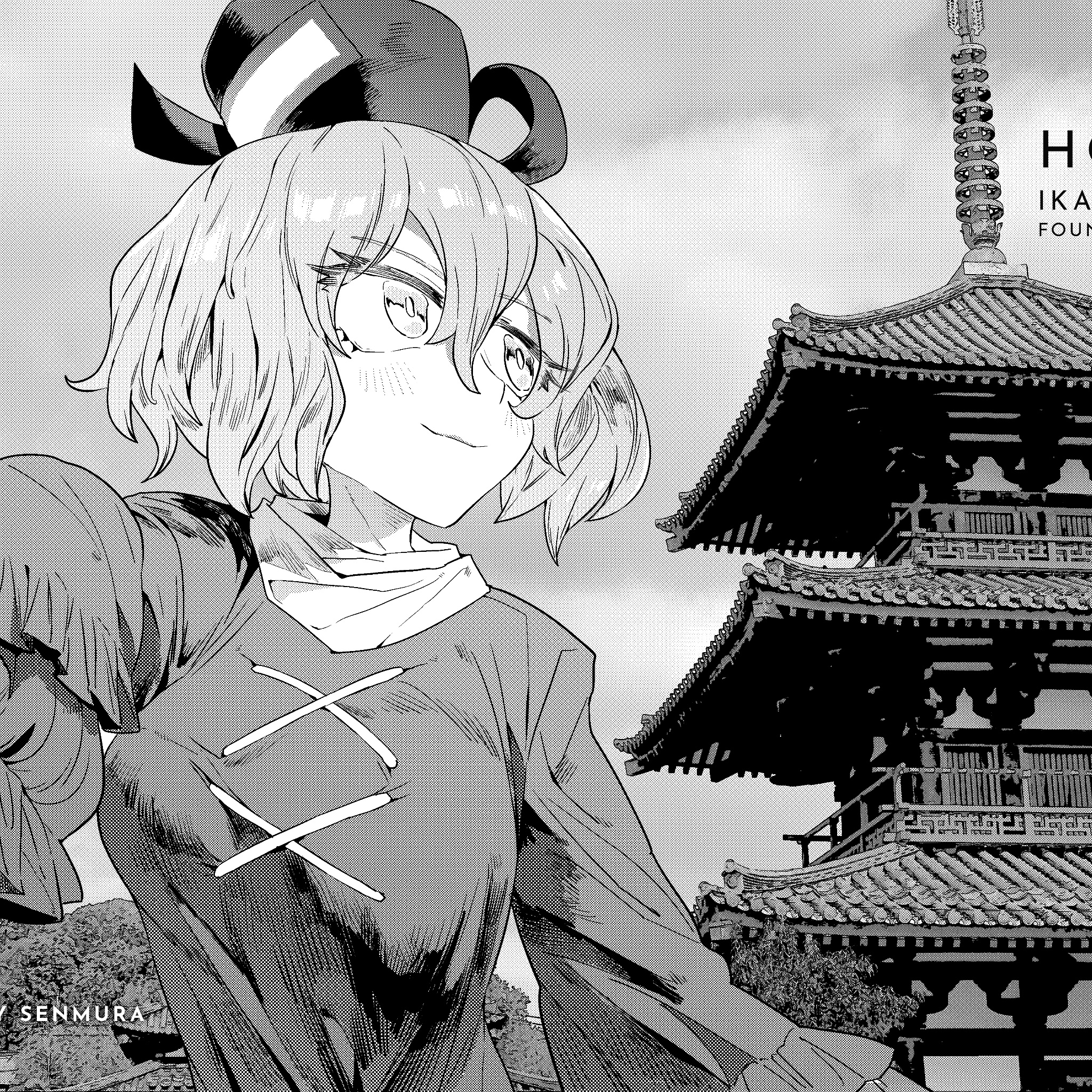 senmura, soga no tojiko, touhou, commentary request, highres, 1girl, blush, breasts, building, closed mouth, cloud, dress, greyscale, hat, long sleeves, monochrome, outdoors, short hair, solo, tate eboshi