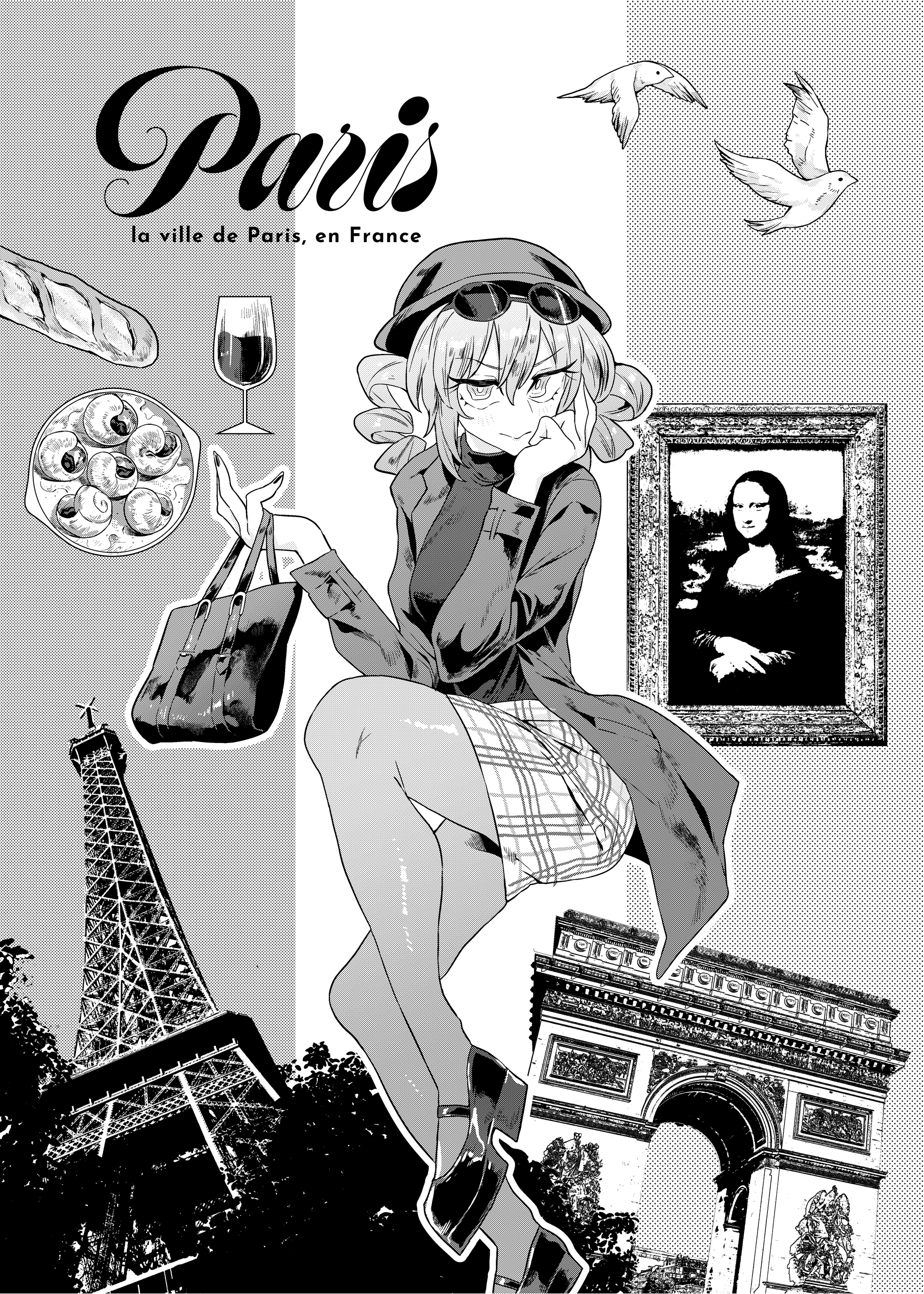 senmura, yorigami jo'on, mona lisa, touhou, absurdres, commentary, highres, 1girl, alcohol, alternate costume, arc de triomphe, bag, baguette, bird, bread, closed mouth, coat, cup, drill hair, drinking glass, eiffel tower, fine art parody, food, french clothes, french text, greyscale, hat, long sleeves, looking at viewer, monochrome, nail polish, outdoors, paris, parody, plaid clothes, plaid skirt, skirt, snail, solo, sunglasses, twin drills, wine, wine glass
