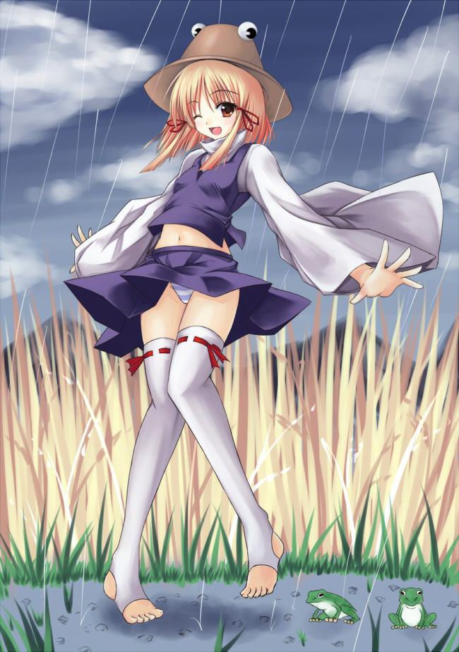 utakata (kochou no yume), moriya suwako, touhou, 1girl, barefoot, blonde hair, feet, female focus, flat chest, frog, hair ribbon, hat, legs, midriff, one eye closed, open mouth, outstretched arms, panties, pantyshot, pigeon-toed, rain, ribbon, smile, solo, spread arms, striped clothes, striped panties, thighhighs, toeless legwear, underwear, upskirt, wide sleeves, wink