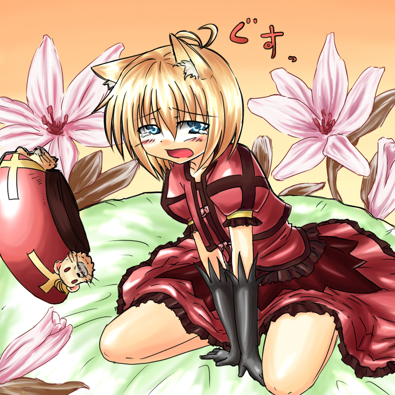mamoi, vita (nanoha), yuuno scrya, lyrical nanoha, mahou shoujo lyrical nanoha, 1boy, animal ears, blonde hair, blue eyes, cosplay, flower, gloves, hat, male focus, short hair, solo, tears, trap, vita (cosplay)