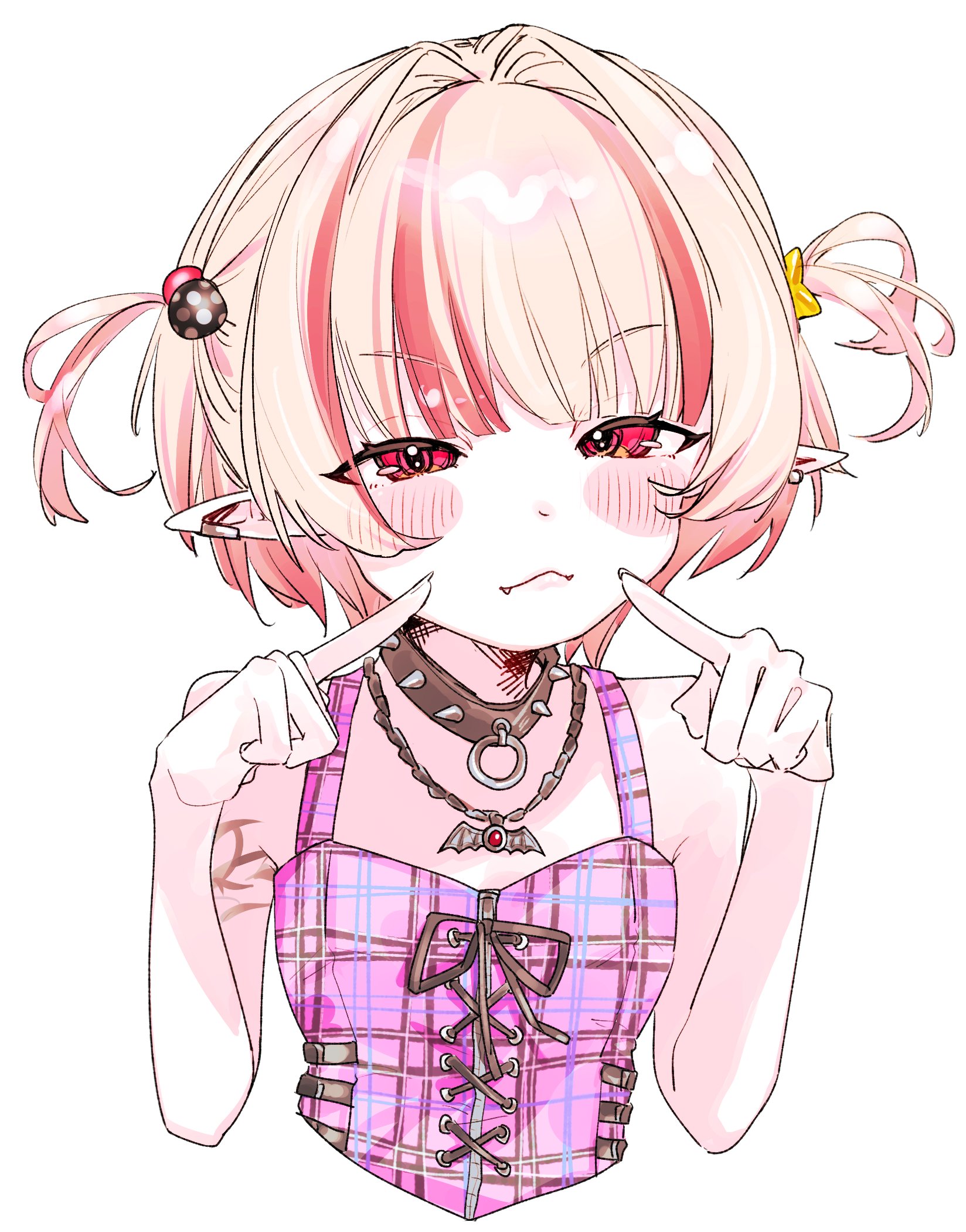 makaino ririmu, makaino ririmu (6th costume), nijisanji, highres, 1girl, :<, bare arms, bare shoulders, black collar, blunt bangs, blush stickers, breasts, chain, chain necklace, collar, collarbone, colored inner hair, crop top, cropped torso, cross-laced clothes, cross-laced top, ear cuffs, fangs, fangs out, fingers to cheeks, grey hair, hair bobbles, hair intakes, hair ornament, jewelry, mitei 3, multicolored hair, necklace, no headwear, no jacket, pendant, pink hair, pink streaks, plaid clothes, pointy ears, red eyes, short hair, shoulder tattoo, simple background, sleeveless, small breasts, solo, spiked collar, spikes, star (symbol), star hair ornament, streaked hair, tattoo, two-tone hair, two side up, virtual youtuber, white background, wolf cut, zipper top