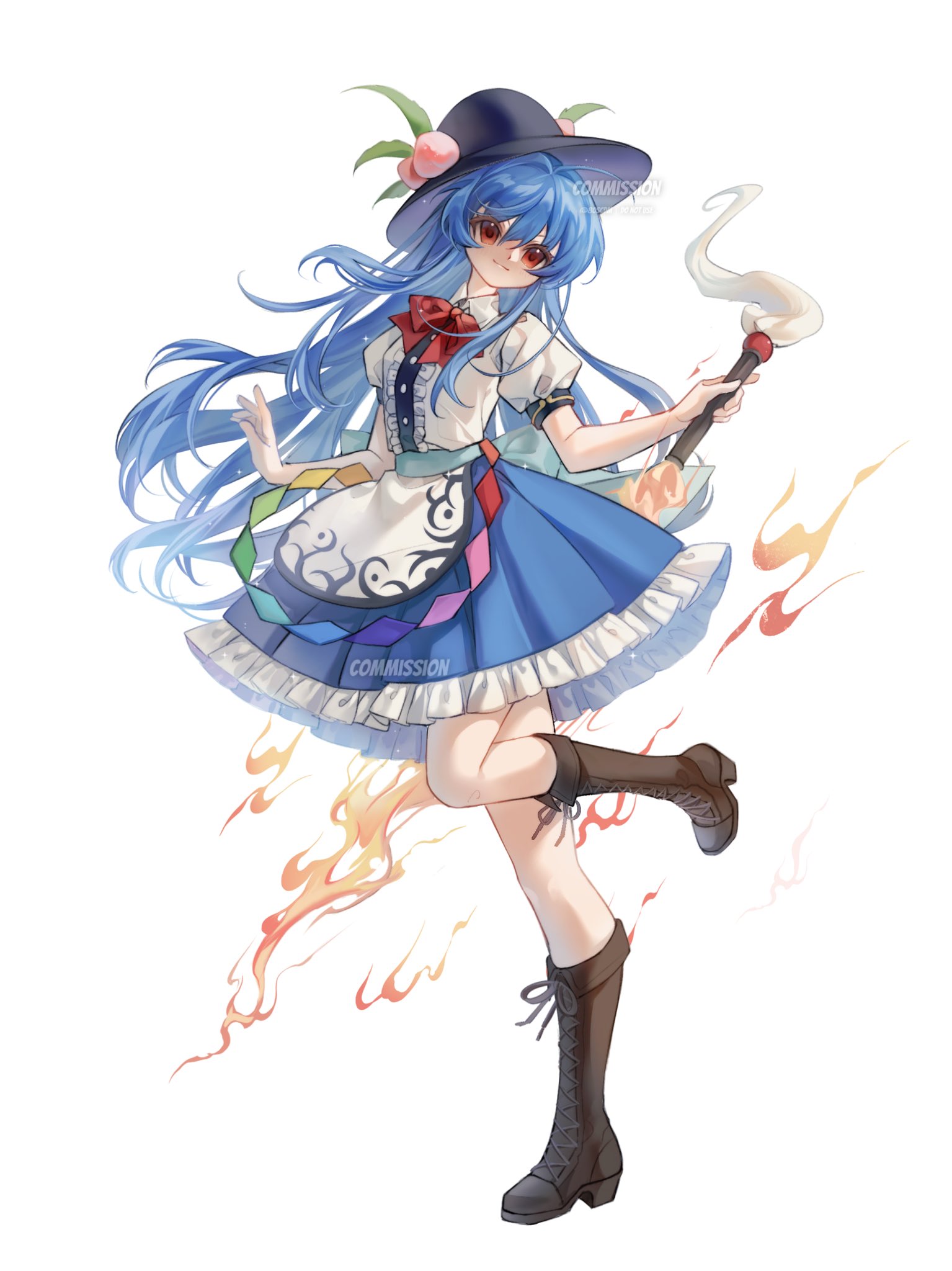 80isiiii, hinanawi tenshi, touhou, commentary, commission, highres, symbol-only commentary, 1girl, black hat, blue hair, blue skirt, boots, bow, bowtie, closed mouth, frilled skirt, frills, full body, hat, holding, holding sword, holding weapon, long hair, peach hat ornament, rainbow order, red bow, red bowtie, red eyes, short sleeves, simple background, skirt, solo, sword, weapon, white background