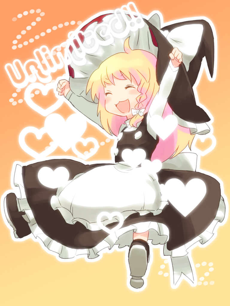 8bit, hachi (8bit canvas), kirisame marisa, touhou, bad id, bad pixiv id, 1girl, :3, o/, ^ ^, arms up, blonde hair, braid, closed eyes, female focus, hat, heart, outstretched arms, solo, witch, witch hat