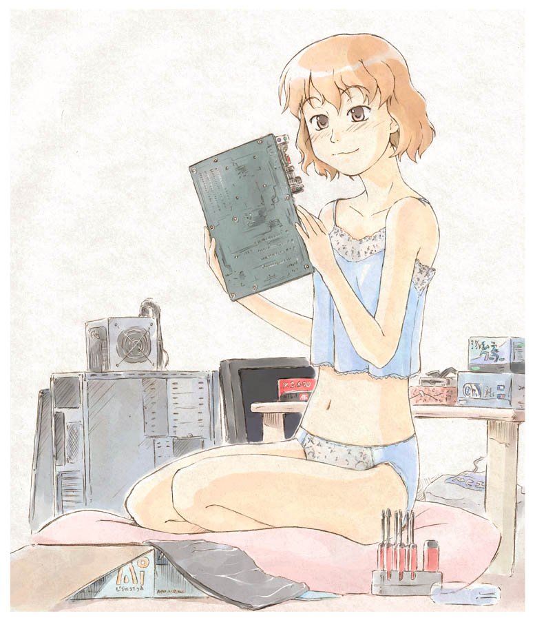 mutou youshun, youshun, original, 1girl, :3, bare shoulders, blush, brown eyes, camisole, computer, female focus, kneeling, lingerie, monitor, motherboard, panties, red hair, seiza, short hair, sitting, solo, table, tools, underwear, underwear only, wavy hair