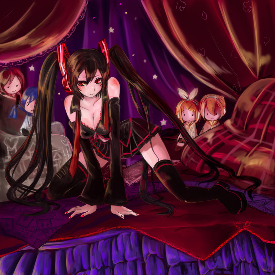 alice (afternoon gleam), kagamine len, kagamine rin, kaito (vocaloid), meiko (vocaloid), zatsune miku, vocaloid, > <, 1girl, all fours, bed, black hair, blush, boots, breasts, cameo, character doll, cleavage, closed eyes, detached sleeves, doll, female focus, necktie, pillow, red eyes, skirt, solo, thigh boots, thighhighs
