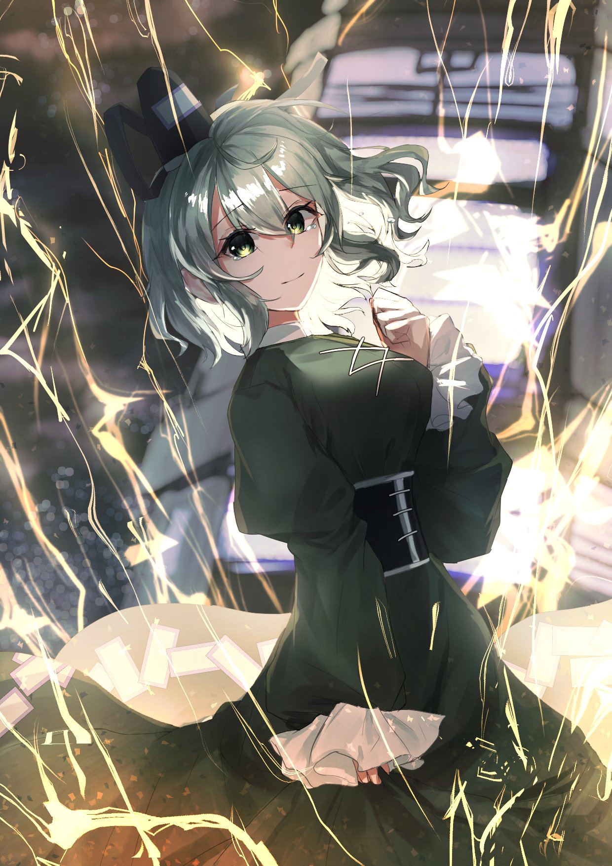 soga no tojiko, touhou, commentary request, highres, 1girl, black hat, closed mouth, dress, green dress, green eyes, green hair, hat, lightning, long sleeves, looking at viewer, ofuda, ofuda on clothes, sash, short hair, solo, tate eboshi, tateworyyyyyy