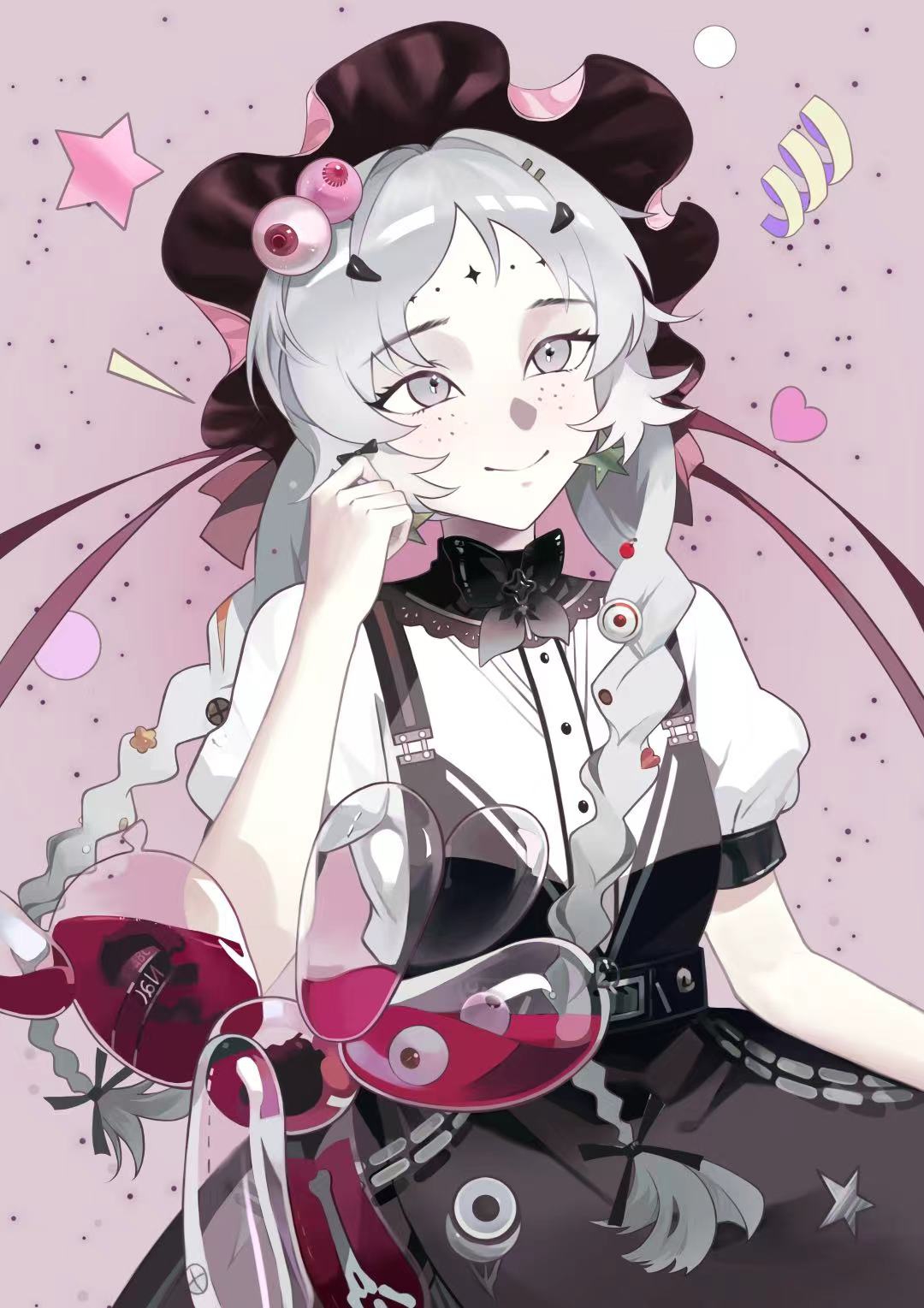 balloon party, reverse:1999, highres, 1girl, balloon animal, black bow, black bowtie, black skirt, bow, bowtie, braid, closed mouth, eyeball hair ornament, facial mark, forehead mark, freckles, frilled hairband, frills, grey eyes, grey hair, hairband, hand up, heart, long hair, looking up, low twin braids, pink background, puffy short sleeves, puffy sleeves, qingmang yelan, shirt, short sleeves, skirt, smile, solo, sparkle facial mark, star (symbol), suspender skirt, suspenders, twin braids, upper body, white shirt
