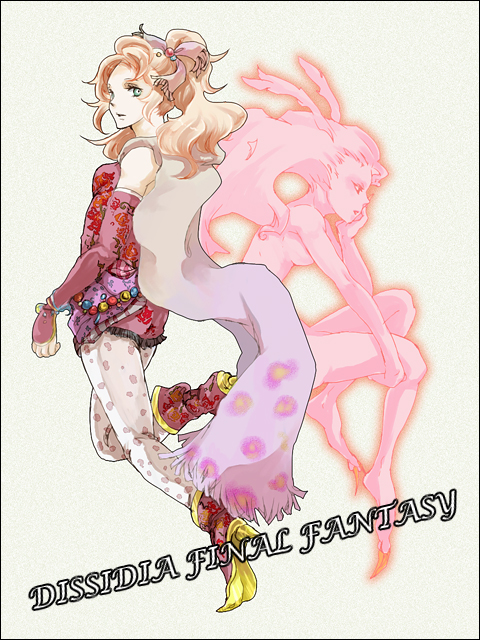 renka, tina branford, trance terra branford, dissidia final fantasy, final fantasy, final fantasy vi, psychic, bad id, bad pixiv id, 1990s (style), blonde hair, boots, cape, colored skin, copyright name, detached sleeves, dress, dual persona, fingernails, green eyes, high heels, jewelry, long fingernails, long hair, looking back, monster girl, nail (hardware), nude, pantyhose, pink hair, pink skin, ponytail, retro artstyle, ribbon, shoes, short dress, white pantyhose