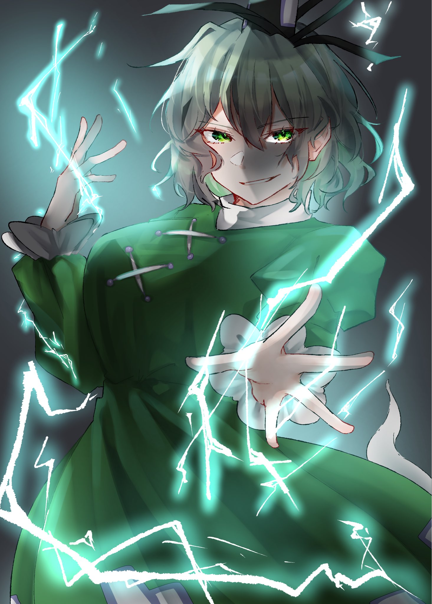 soga no tojiko, touhou, hashtag-only commentary, highres, 1girl, akafukuoisii, black hat, breasts, cross-laced clothes, dress, green dress, green hair, hat, lightning, long sleeves, ofuda, ofuda on clothes, short hair, solo, tate eboshi
