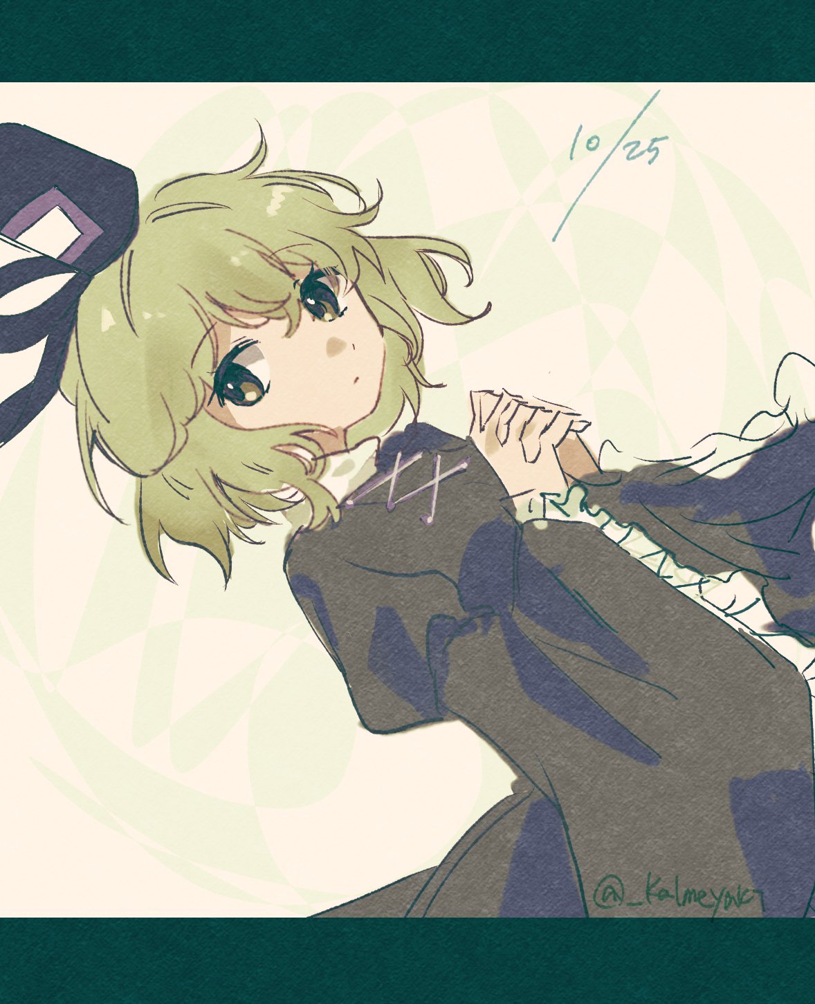 kalmeyaki, soga no tojiko, touhou, commentary, highres, symbol-only commentary, 1girl, black hat, dated, dutch angle, green eyes, green hair, hat, letterboxed, long sleeves, ofuda, ofuda on clothes, short hair, solo, tate eboshi, twitter username, wide sleeves
