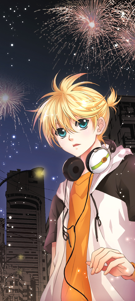 m-ca, mca (dessert candy), kagamine len, fire flower (vocaloid), vocaloid, 1boy, aerial fireworks, aqua eyes, blonde hair, casual, fireworks, headphones, male focus, short hair, solo