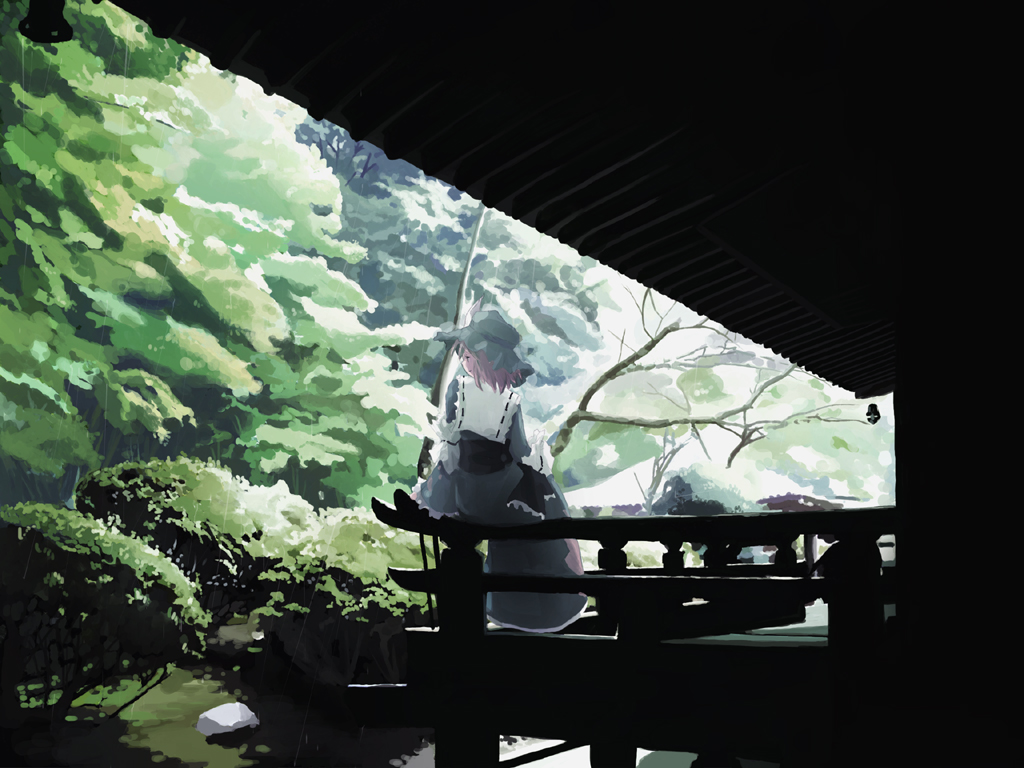takanashi akihito, saigyouji yuyuko, touhou, 1girl, architecture, bare tree, black ribbon, blue dress, blue hat, collar, dress, east asian architecture, female focus, frilled sleeves, frills, hakugyokurou, hat, lantern, long sleeves, looking to the side, nature, obi, outdoors, pink hair, plant, ribbon, ribbon-trimmed collar, ribbon trim, rock, sash, scenery, short hair, sitting, solo, tree, white collar