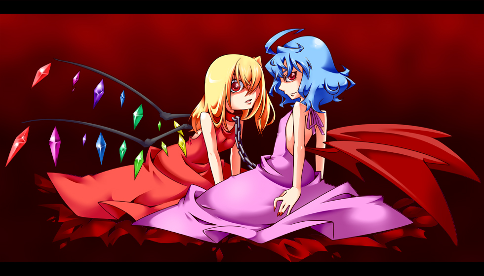 ekus (xo ekus), shuushokuna ekus, flandre scarlet, remilia scarlet, touhou, bad id, bad pixiv id, 2girls, alternate costume, bat wings, blonde hair, blue hair, chain, collar, dress, female focus, formal clothes, letterboxed, multiple girls, ponytail, red eyes, short hair, siblings, side ponytail, sisters, wings