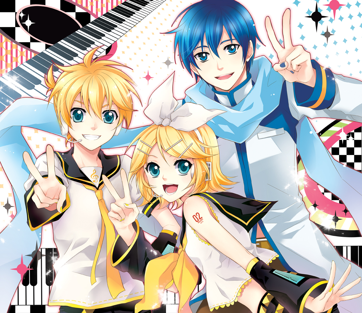 m-ca, mca (dessert candy), kagamine len, kagamine rin, kaito (vocaloid), vocaloid, 1girl, 2boys, aqua eyes, blonde hair, blue eyes, blue hair, blue nails, blue scarf, hair ornament, hair ribbon, hairclip, headphones, microphone, multiple boys, nail polish, necktie, open mouth, ribbon, scarf, short hair, smile, v, yellow nails, yellow necktie
