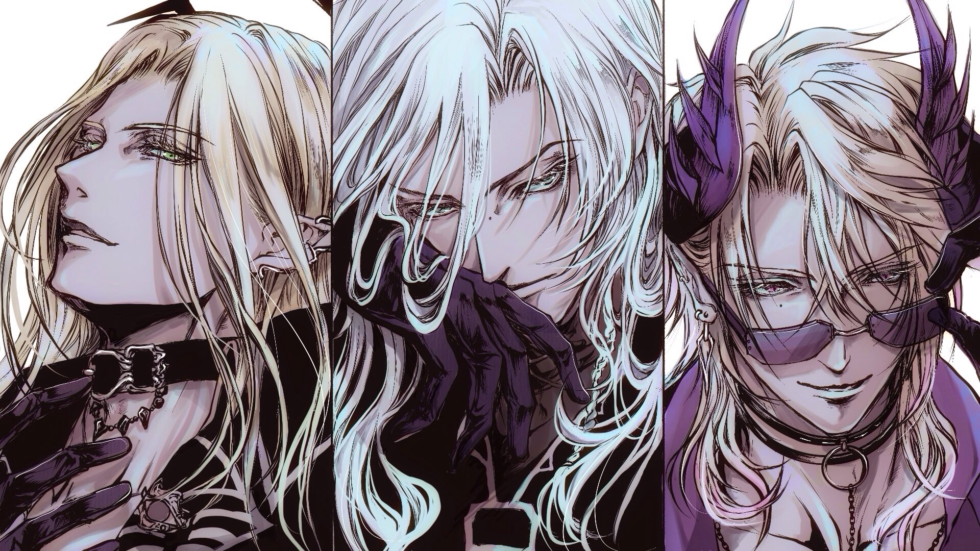 trigger0711, first stage production, indie virtual youtuber, highres, 3boys, ashkariel, black choker, black gloves, black shirt, blonde hair, choker, demon boy, feileacancu, glasses, gloves, green eyes, horns, multiple boys, purple eyes, shirt, virtual youtuber, white background, white hair, zander netherbrand