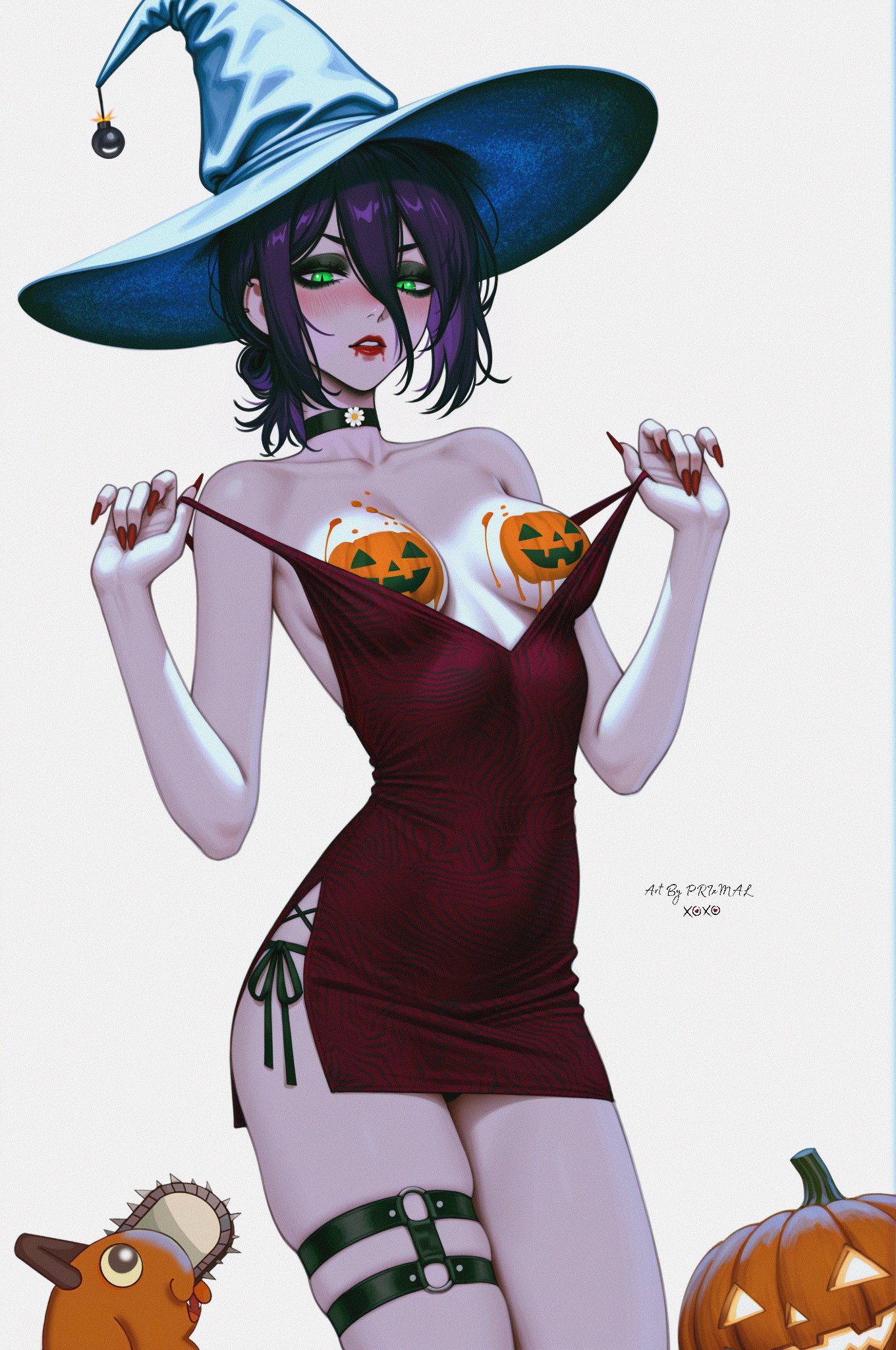 prixmal, pochita (chainsaw man), reze (chainsaw man), chainsaw man, ai-assisted, highres, breasts, choker, dress, green eyes, hat, jack-o'-lantern, pumpkin, purple eyes, red dress, short hair, solo, thighs, white background, witch hat