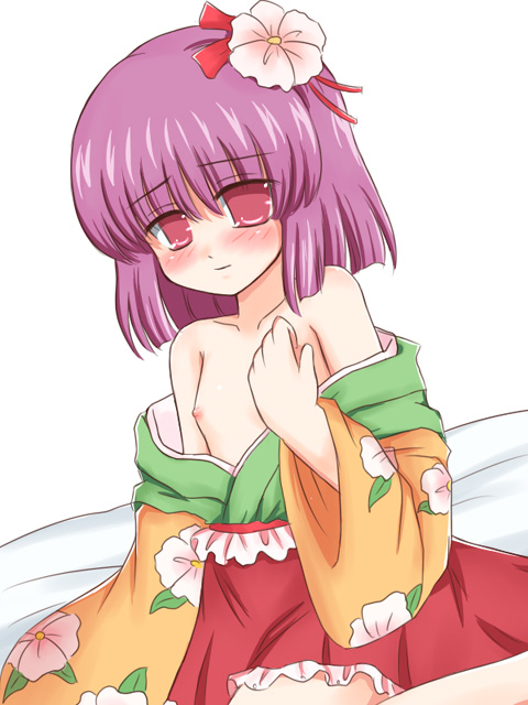 ry (yagoyago), hieda no akyuu, perfect memento in strict sense, touhou, blush, female focus, flat chest, japanese clothes, kimono, loli, nipple slip, nipples, purple eyes, purple hair, smile, undressing